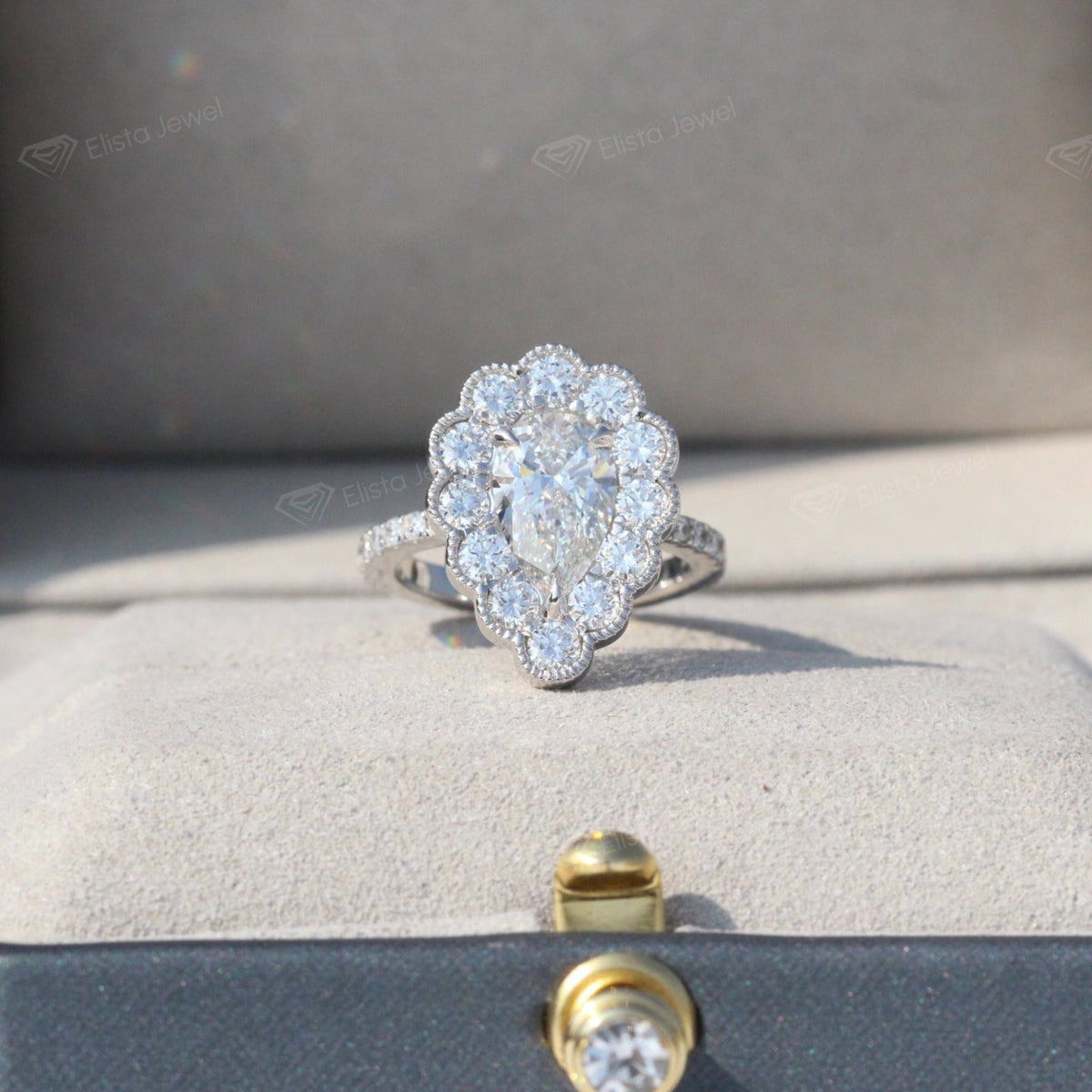 Pear Cut Halo Vintage Lab Grown Diamond Ring - Perspective View