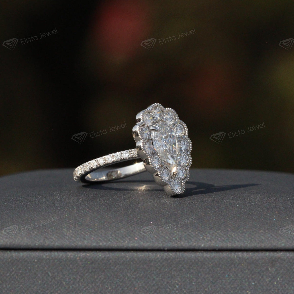 Pear Cut Halo Vintage Lab Grown Diamond Ring - Profile View
