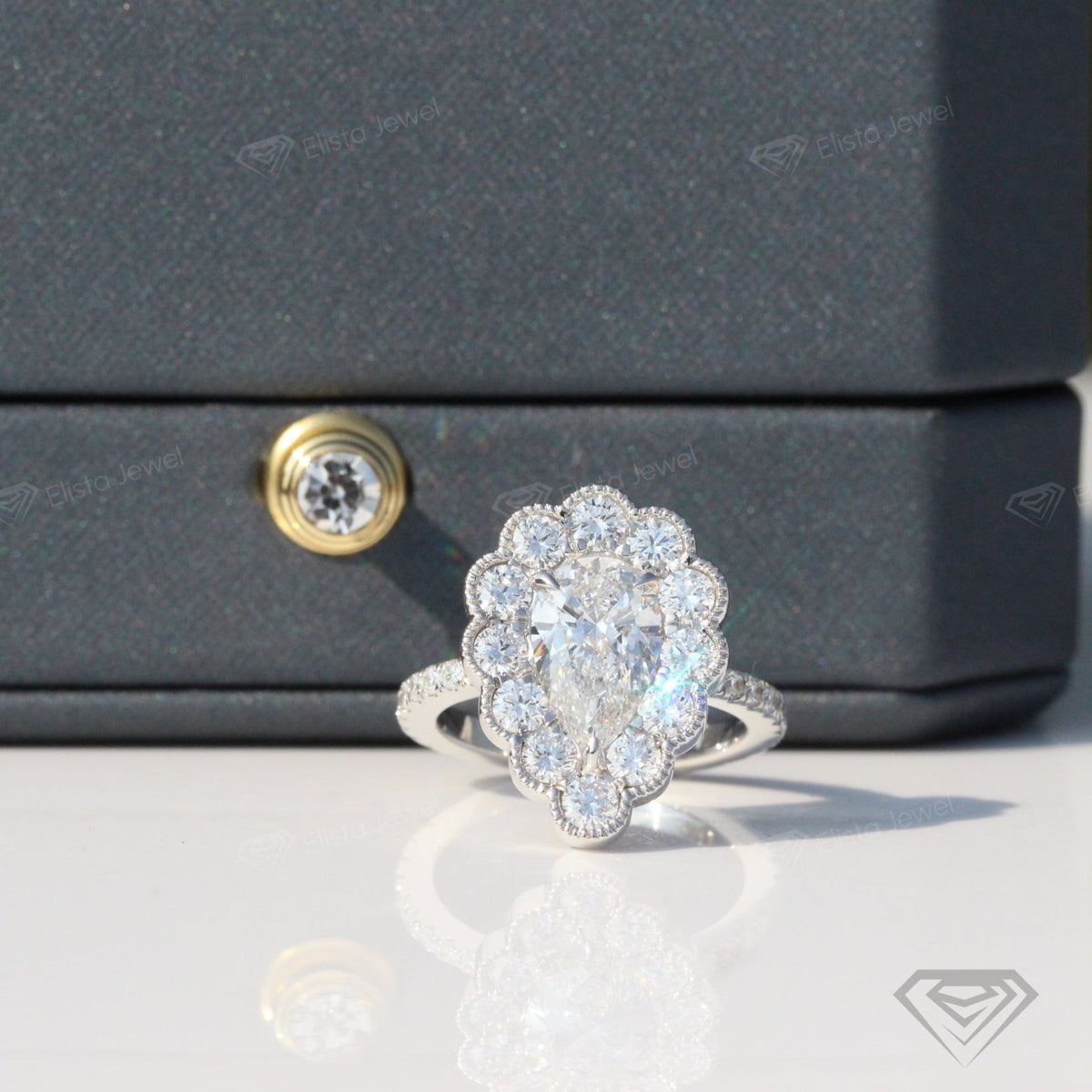Pear Cut Halo Vintage Lab Grown Diamond Ring - Ring on Hand View