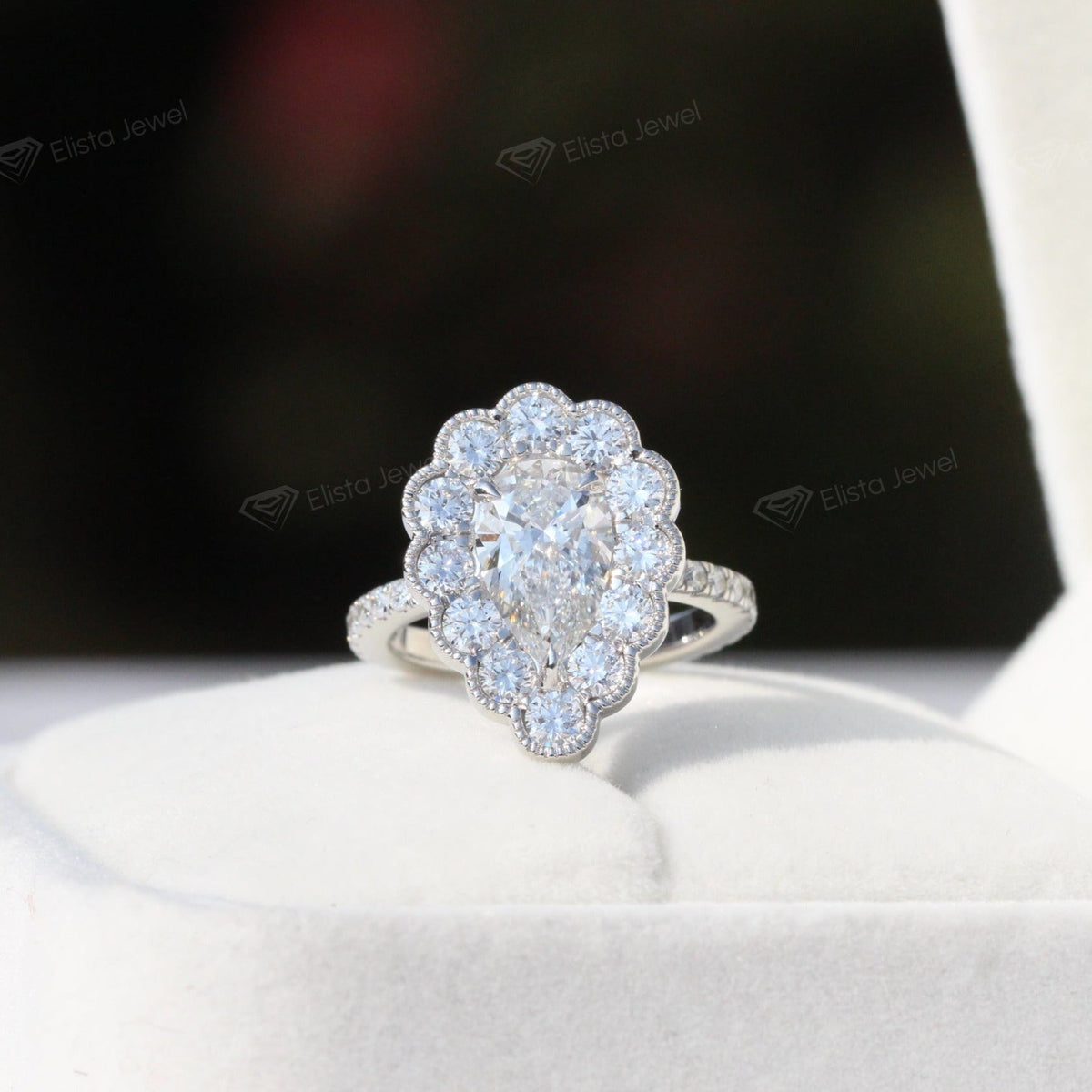 Pear Cut Halo Vintage Lab Grown Diamond Ring in 10K - Front View