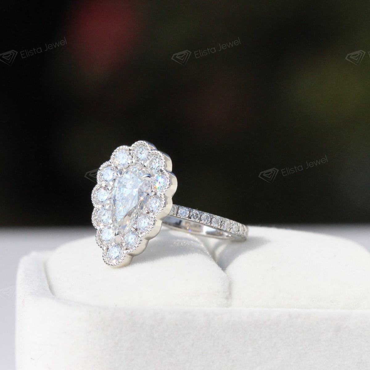 Pear Cut Halo Vintage Lab Grown Diamond Ring in Platinum - Top View