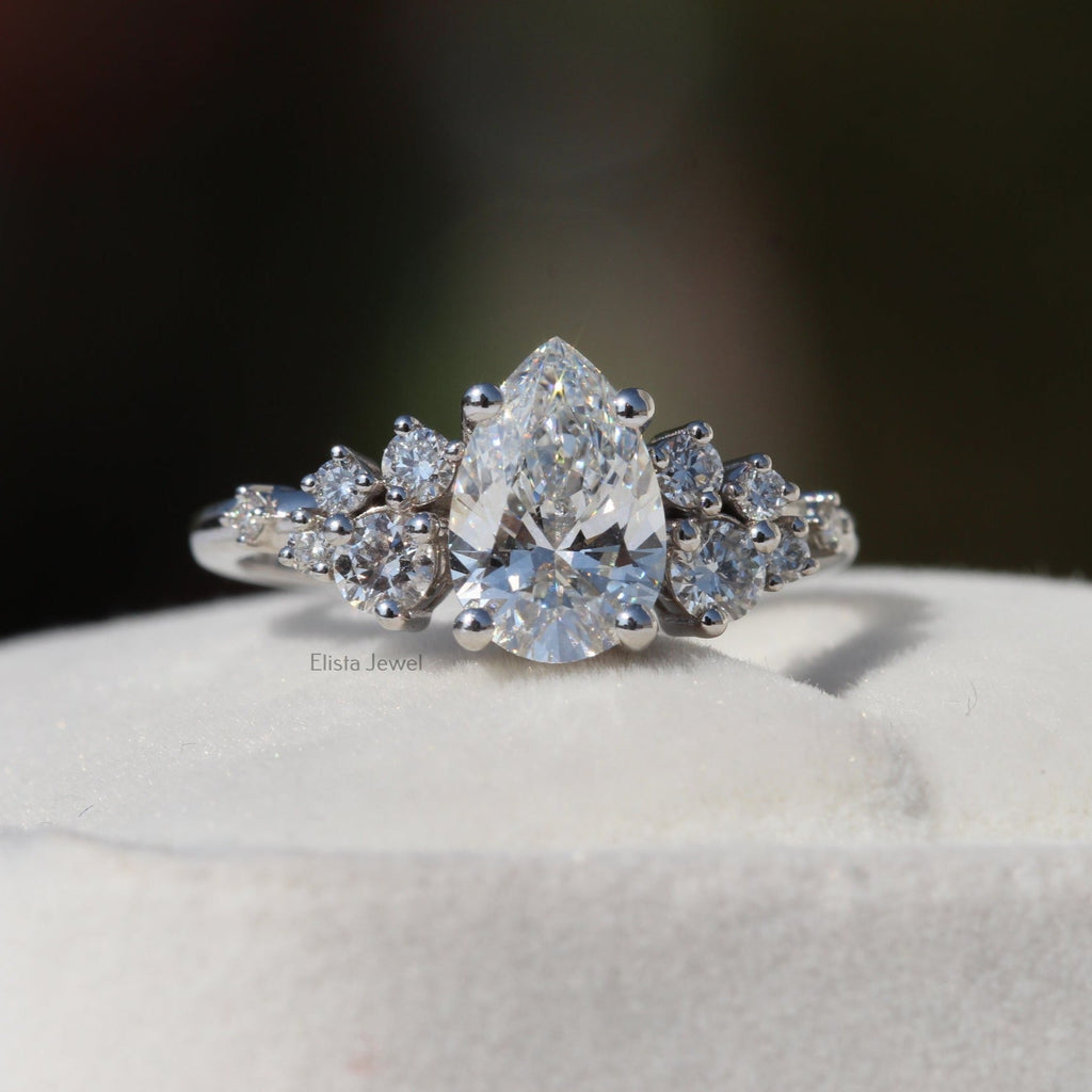 Pear Cut Solitaire Accent Engagement Lab Grown Diamond Ring in 10K - Front View