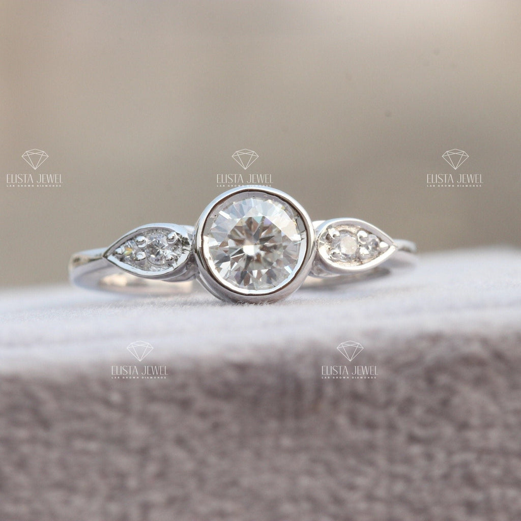 Round Cut Accent Bezel Wedding Lab Grown Diamond Ring in 10K - Front View