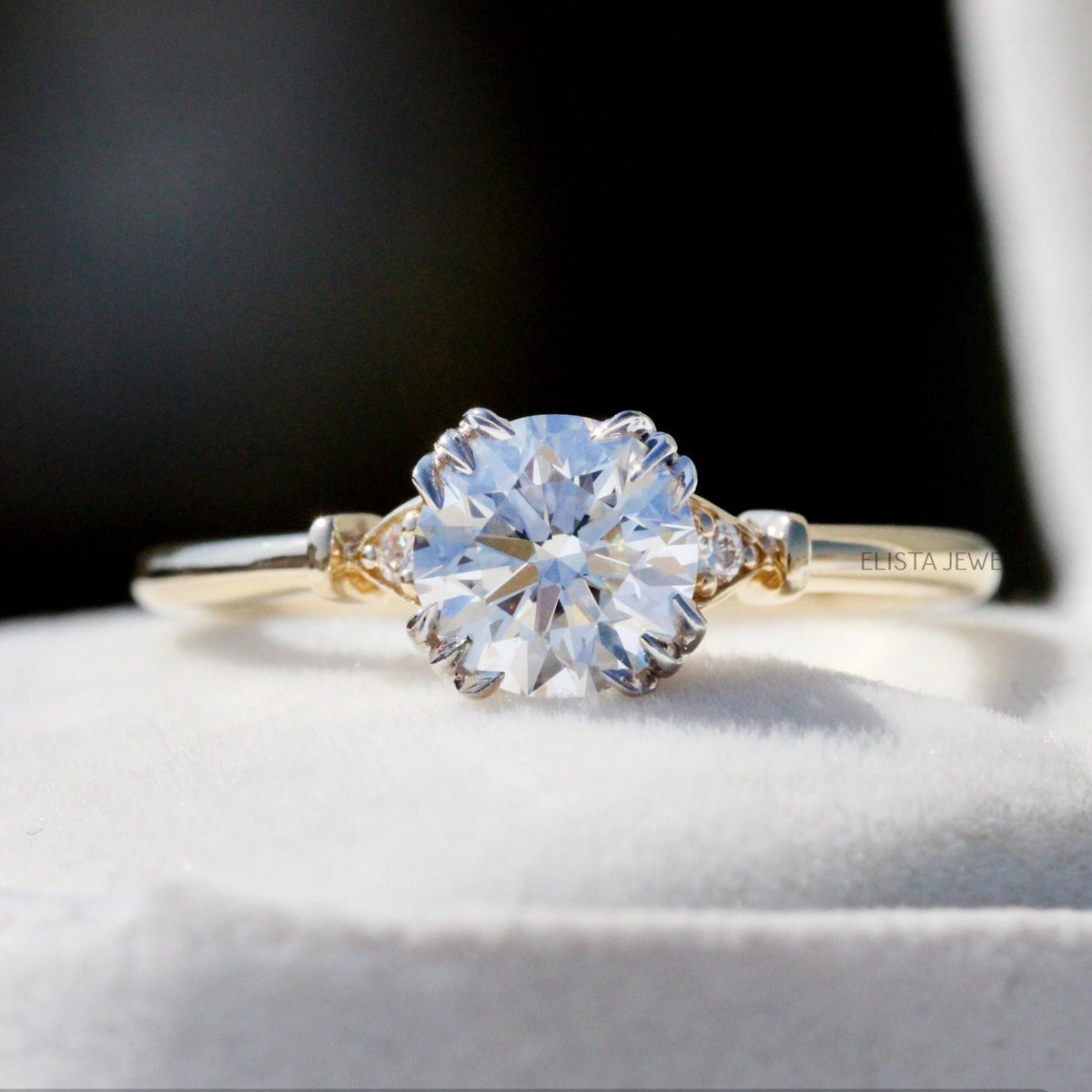 Round Cut Accent Engagement Lab Grown Diamond Ring in 14K - Side View