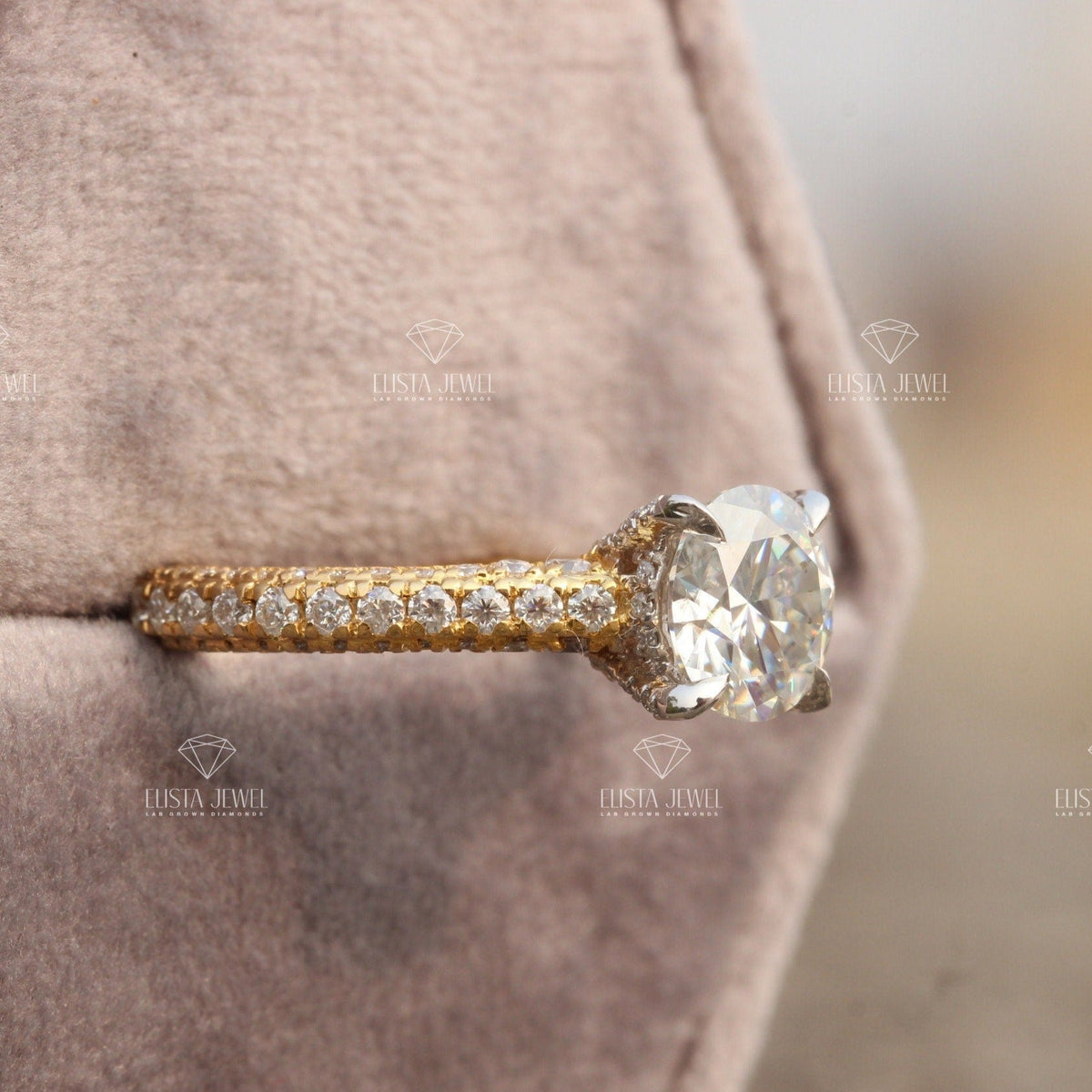 Round Cut Accent Engagement Lab Grown Diamond Ring in 18K - Angled View