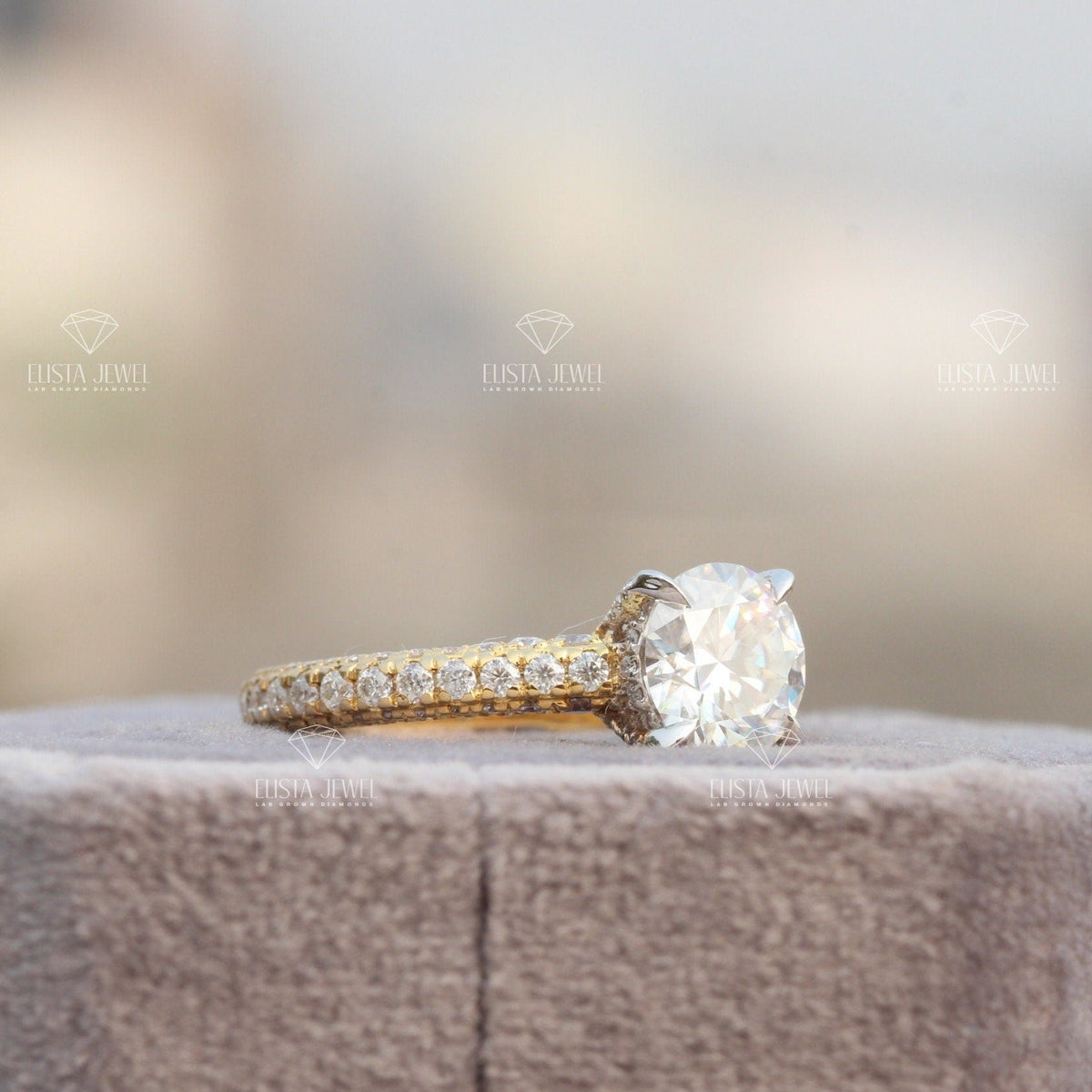 Round Cut Accent Engagement Lab Grown Diamond Ring - Detail View