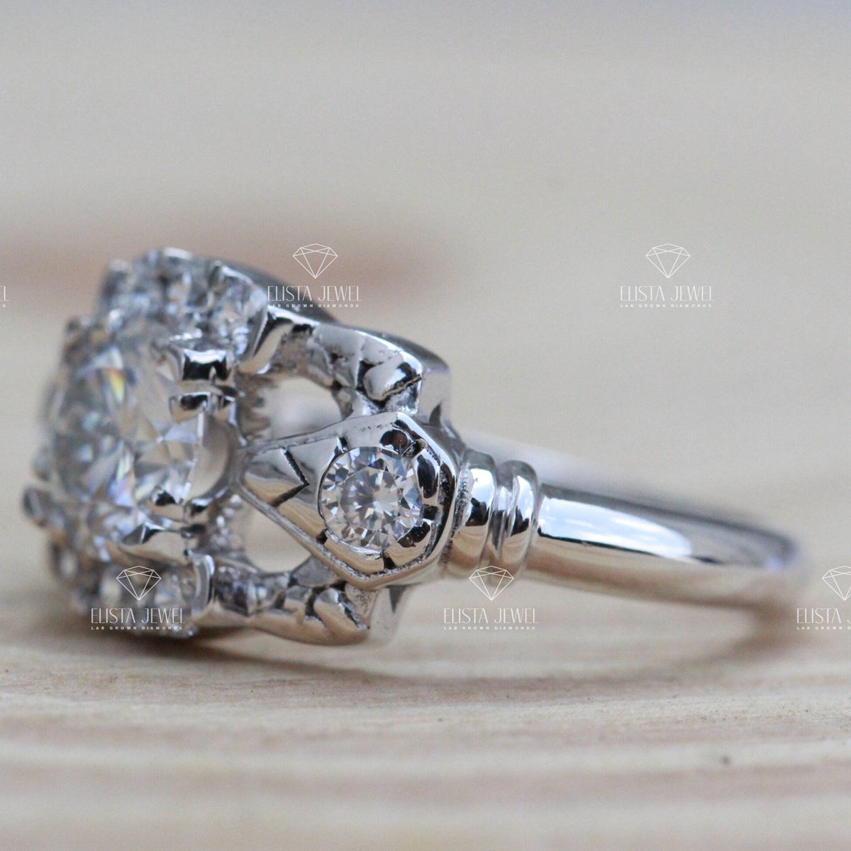 Round Cut Art Deco Engagement Lab Grown Diamond Ring - Detail View