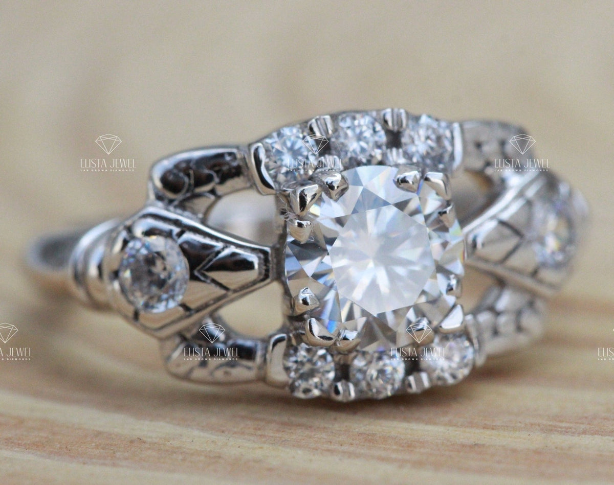 Round Cut Art Deco Engagement Lab Grown Diamond Ring - Perspective View