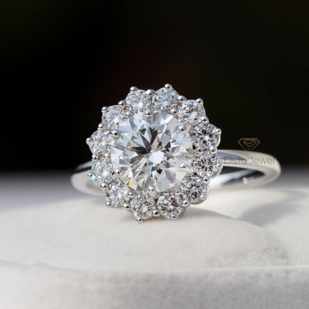 Round Cut Halo Engagement Lab Grown Diamond Ring in 10K - Front View