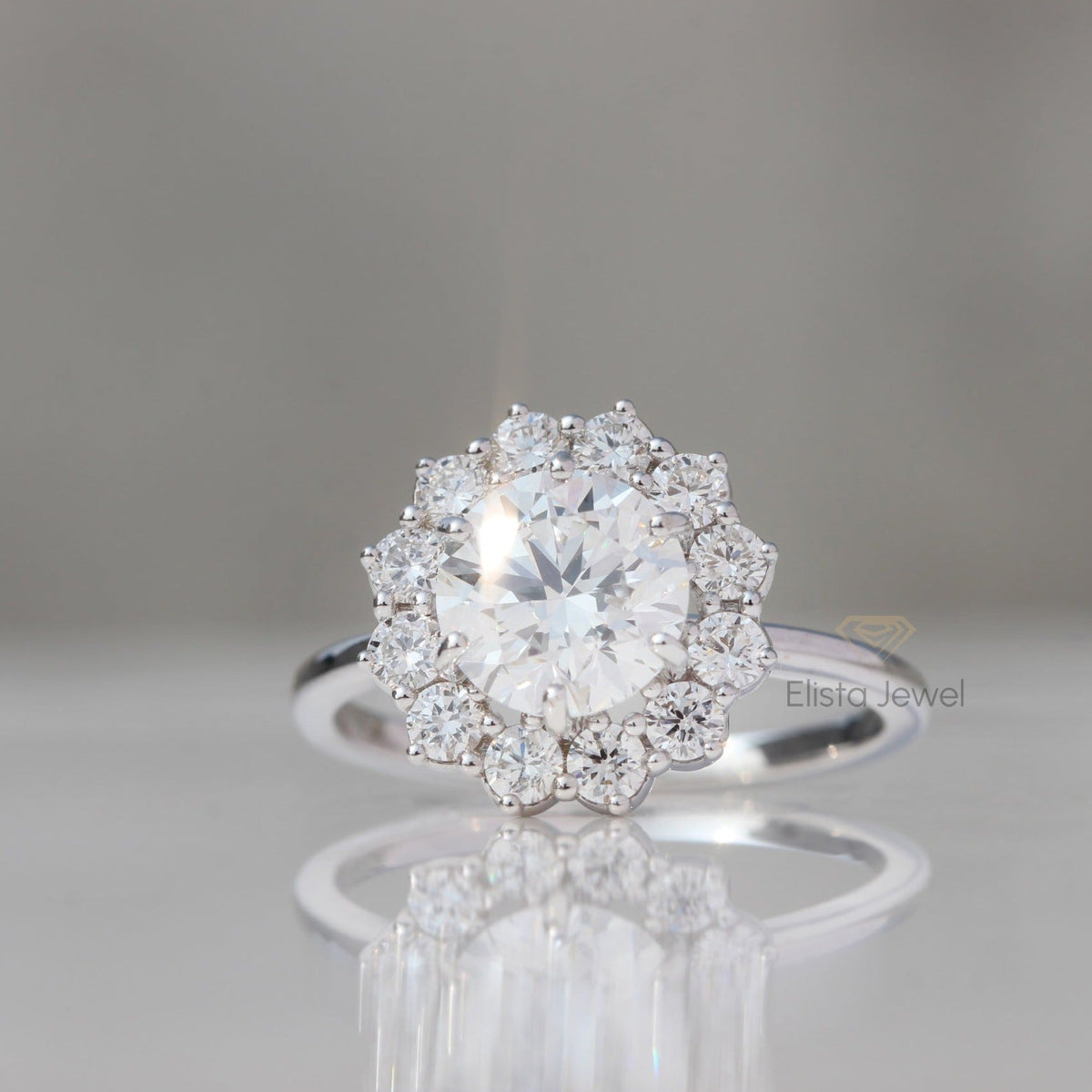 Round Cut Halo Engagement Lab Grown Diamond Ring - Ring on Hand View