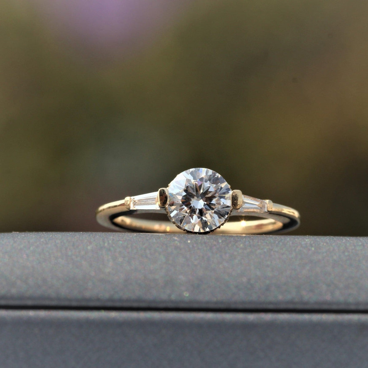 Round Cut Hidden Halo Three Stone Lab Grown Diamond Ring - Close-up View