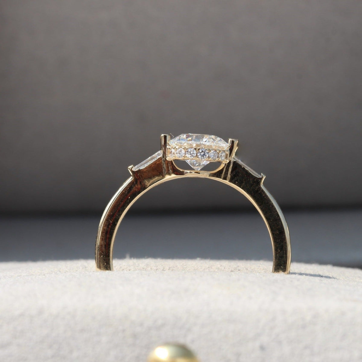 Round Cut Hidden Halo Three Stone Lab Grown Diamond Ring - Profile View