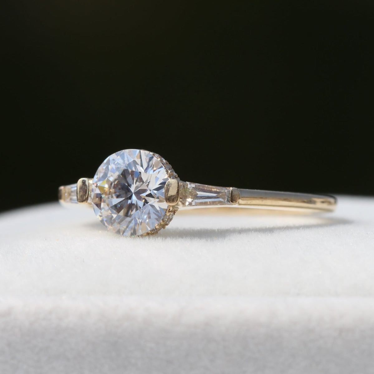 Round Cut Hidden Halo Three Stone Lab Grown Diamond Ring in 14K - Side View