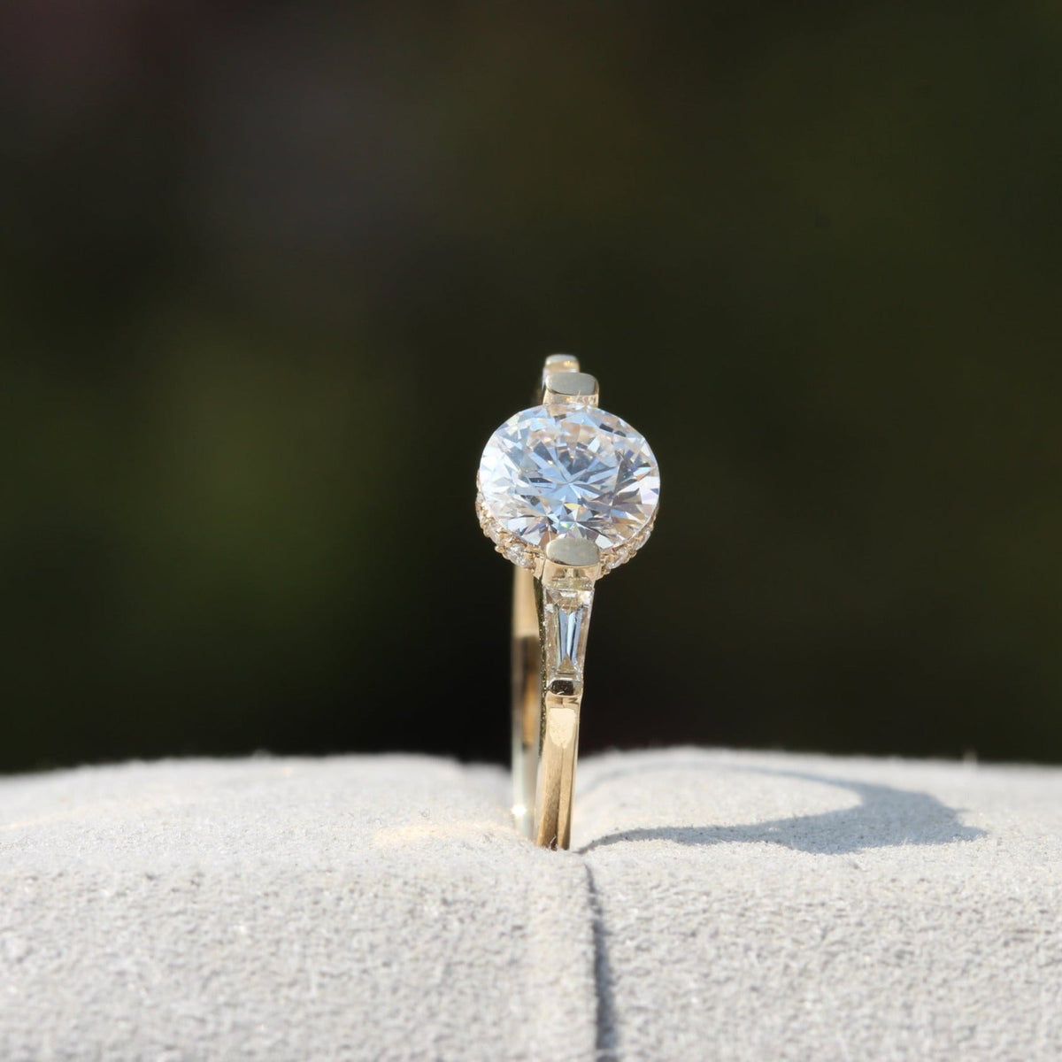 Round Cut Hidden Halo Three Stone Lab Grown Diamond Ring - Detail View