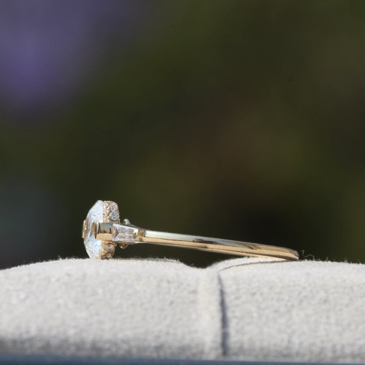 Round Cut Hidden Halo Three Stone Lab Grown Diamond Ring in 18K - Angled View