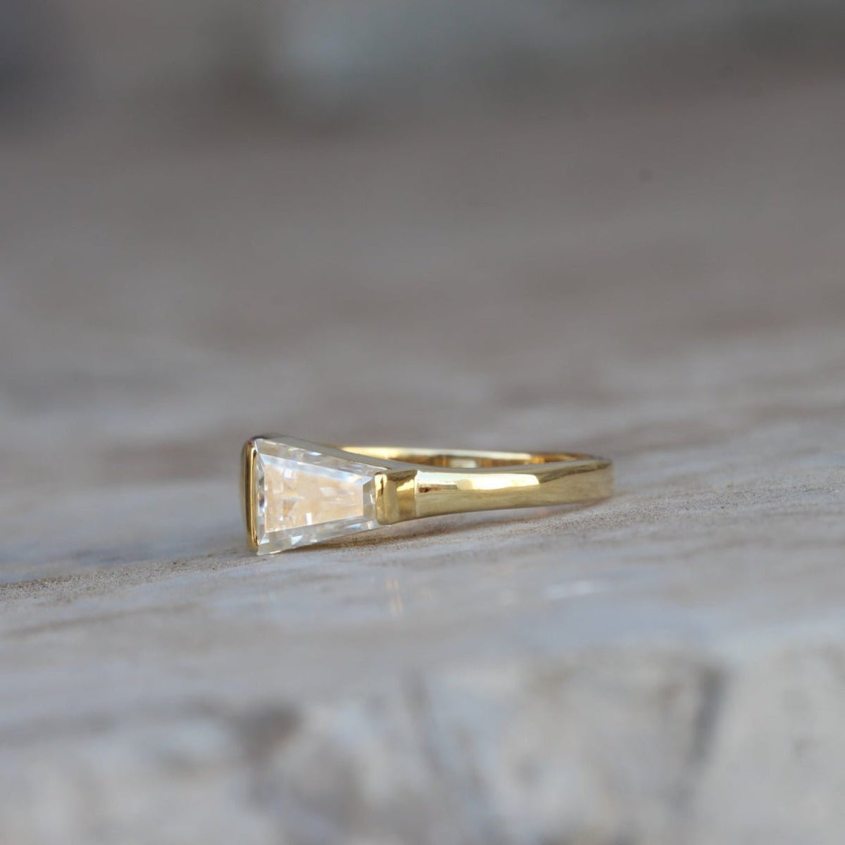 Tapered Baguette Cut Solitaire Lab Grown Diamond Ring in 18K - Angled View