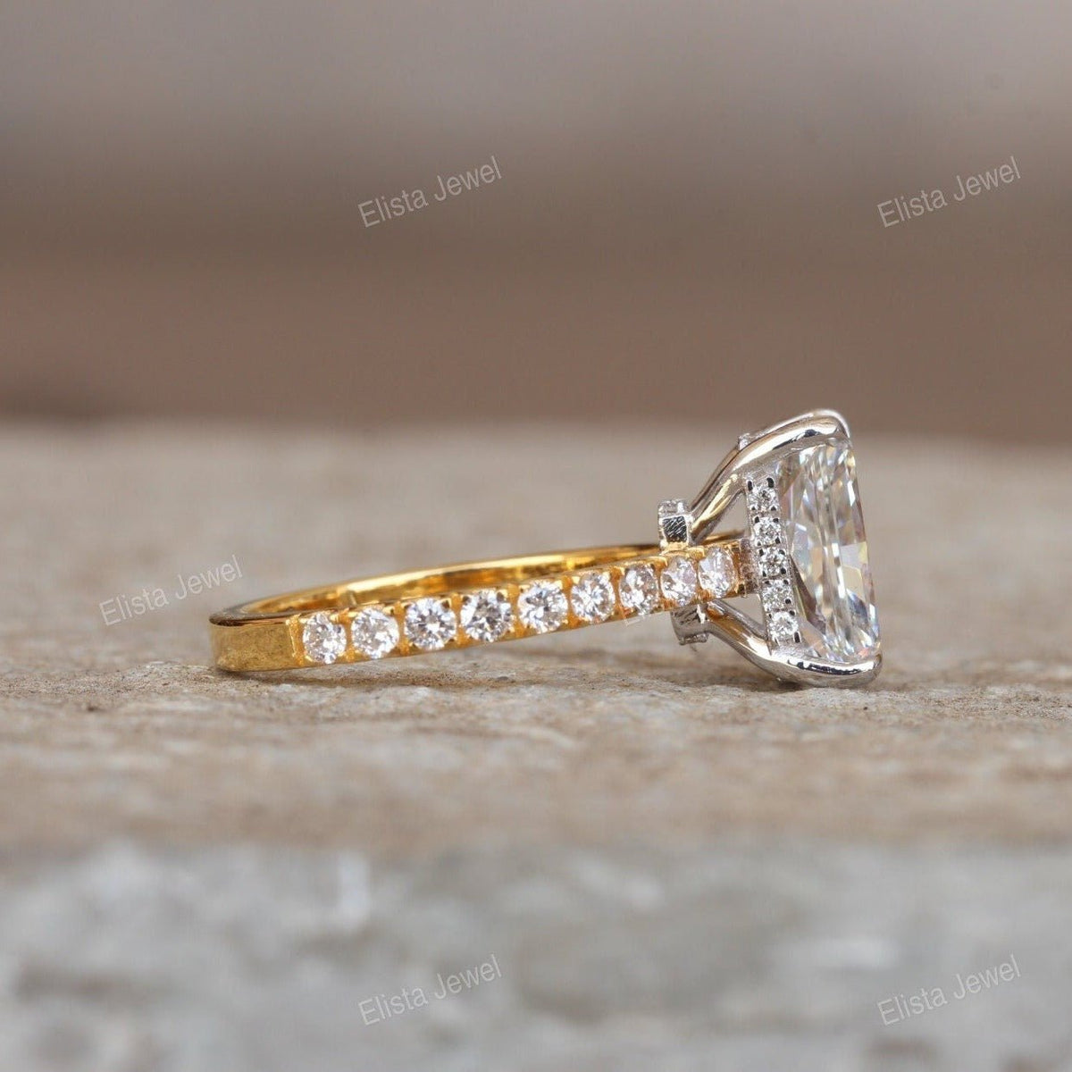 Two Tone Radiant Hidden Halo Engagement Lab Grown Diamond Ring - Close-up View