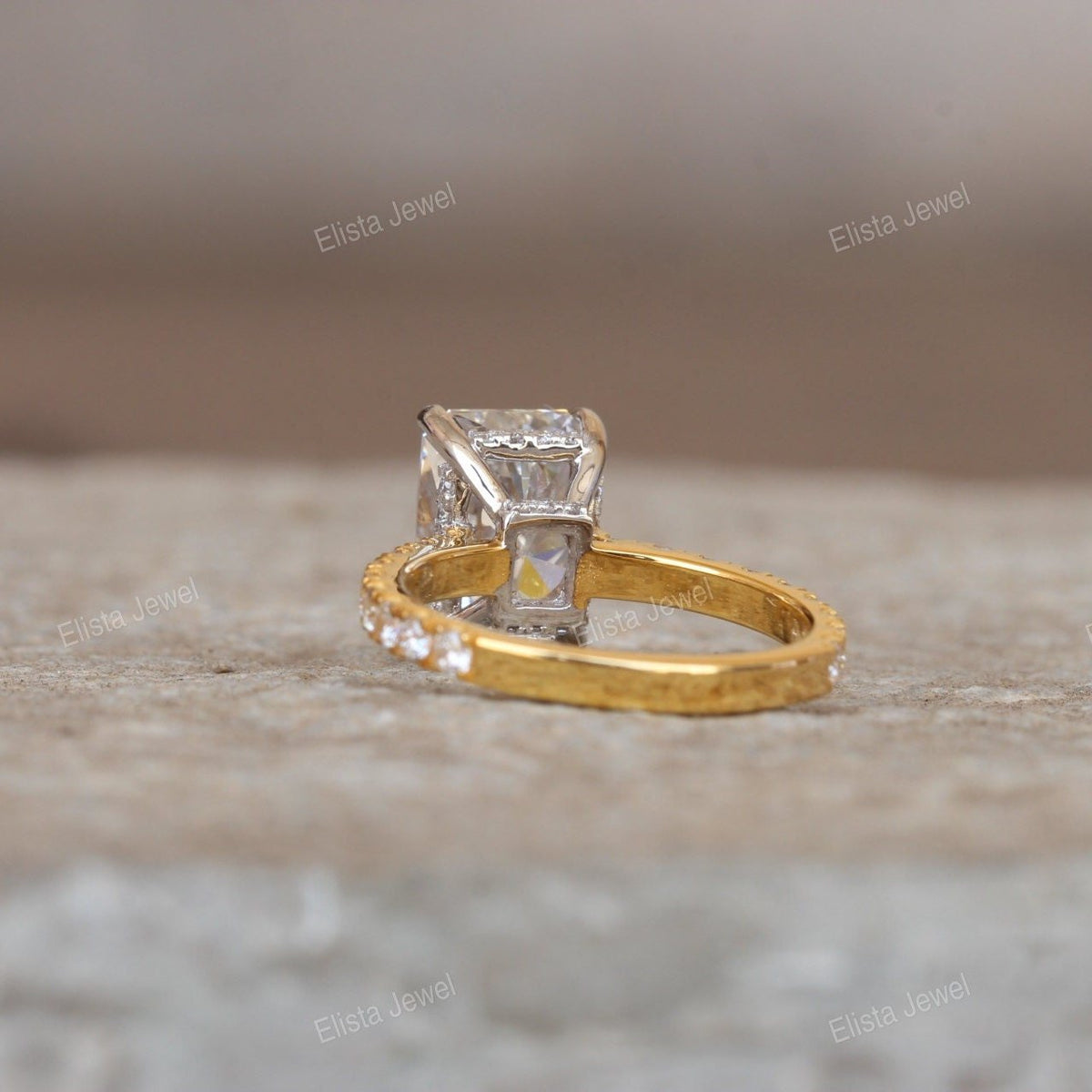 Two Tone Radiant Hidden Halo Engagement Lab Grown Diamond Ring - Detail View
