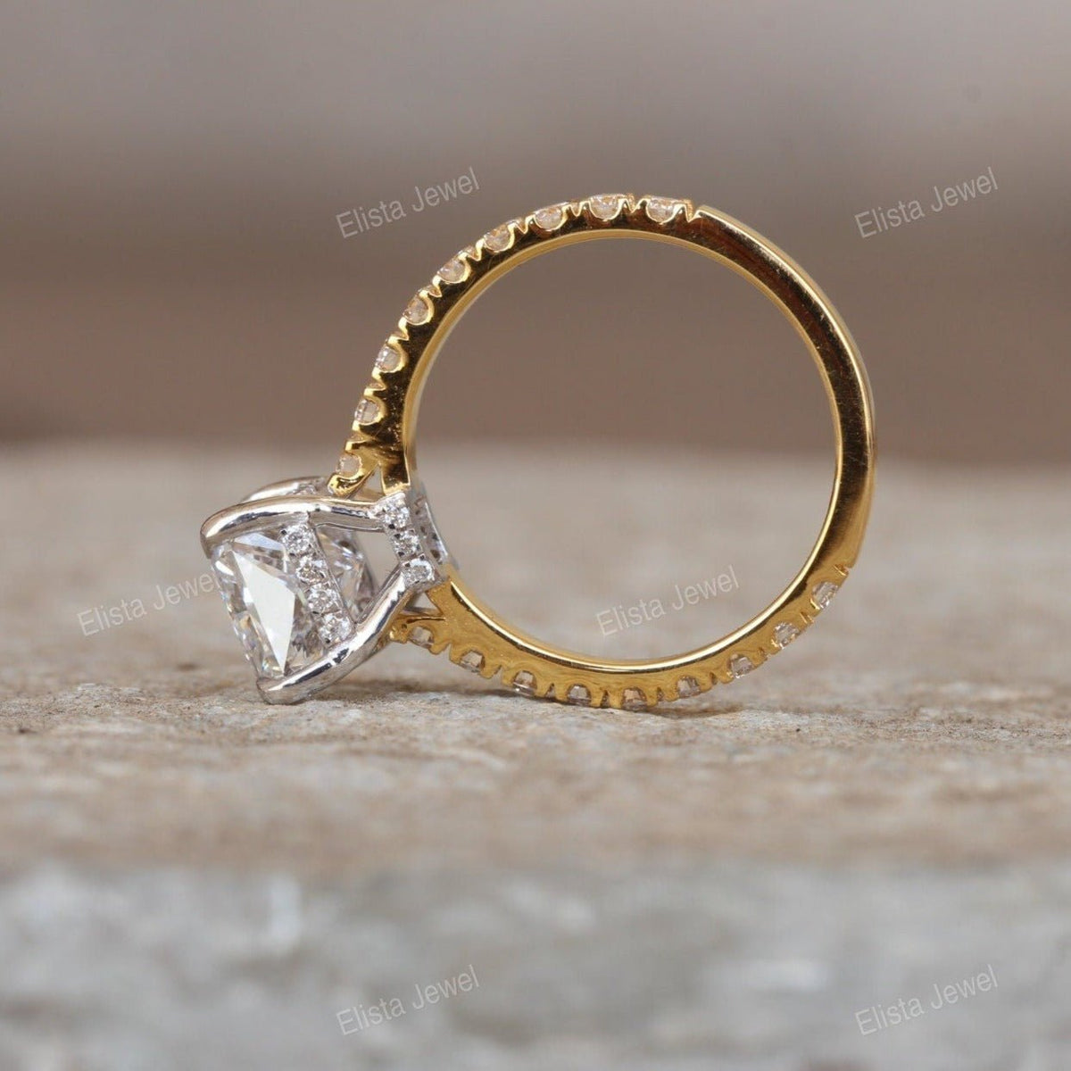 Two Tone Radiant Hidden Halo Engagement Lab Grown Diamond Ring in Platinum - Top View