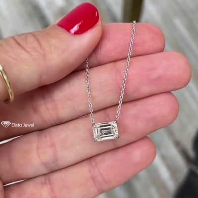 East West Emerald Lab Created Diamond Solitaire Pendant & Necklace for women