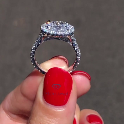 East West Oval Diamond Solitaire Halo Four Claw Prong Accent Ring