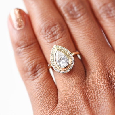 Art Deco Halo Pear Rose Cut Lab Grown Diamond with Full Bezel Set Engagement Ring